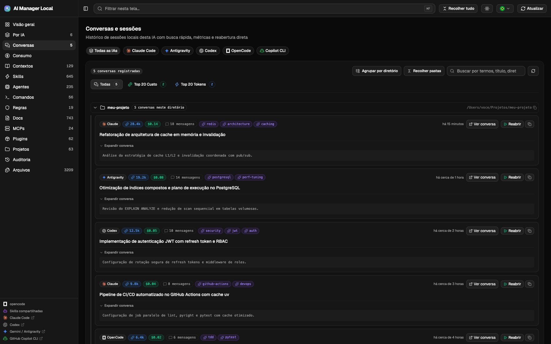 Visualização do histórico de conversas: métricas de custo, tokens e mensagens na primeira linha, títulos destacados na segunda linha, filtros de Top 20 e botão de retomada.